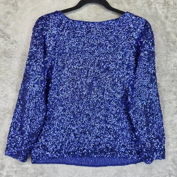 alice + olivia Shirt Womens Small Blue Sequin Silk Long Sleeve Top Party Dressy